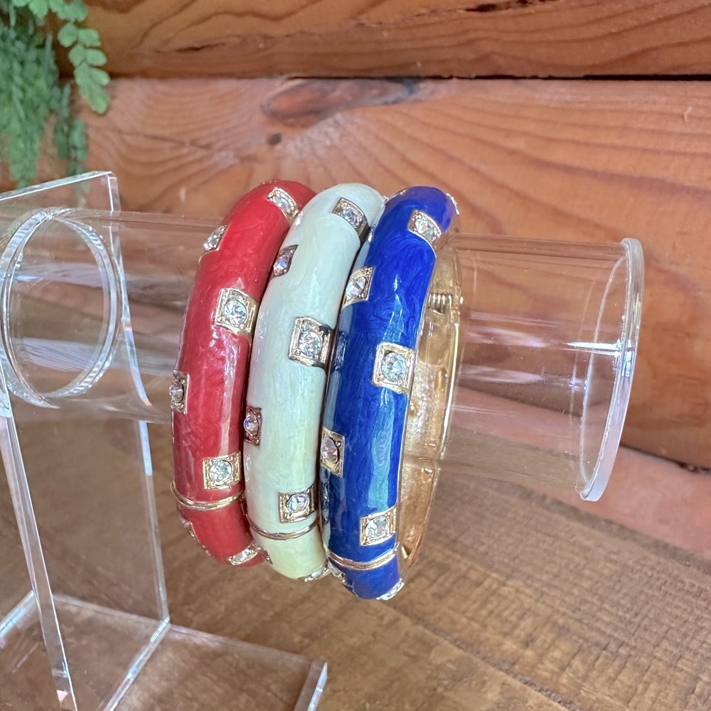 Set of 3 Red, White & Blue Enameled Bangles Hinged Patriotic Clamper Bracelet - Picture 13 of 15